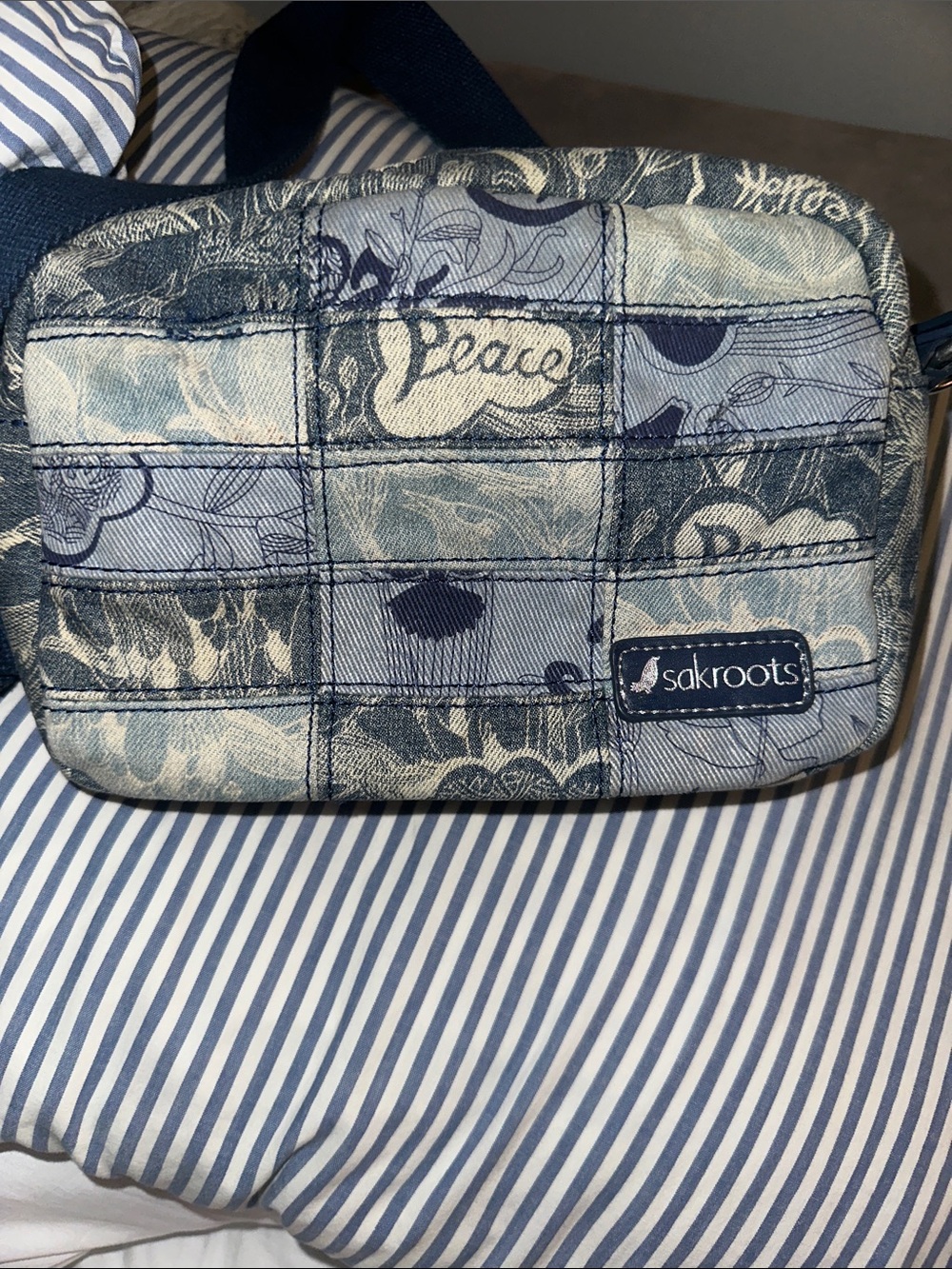 EUC Sakroots denim patchwork adjustable crossbody bag